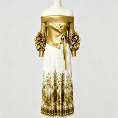 三宅褶皱新中式印花连衣裙