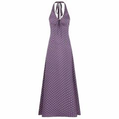 紫色波点挂脖连衣裙