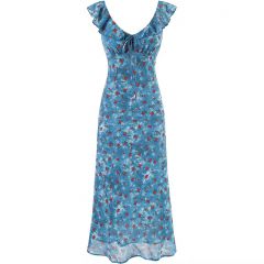 法式复古蓝底碎花荷叶边连衣裙