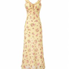 法式纯欲黄色碎花吊带连衣裙