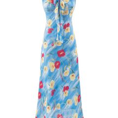 法式度假风蓝色碎花吊带连衣裙女V领收腰显瘦连衣裙