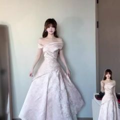 法式连衣裙女重工提花一字肩订婚礼服成人礼party轻礼裙生日裙子