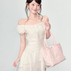 笨比甜Sweety 白色一字肩连衣裙女夏日小个子法式气质收腰短裙子